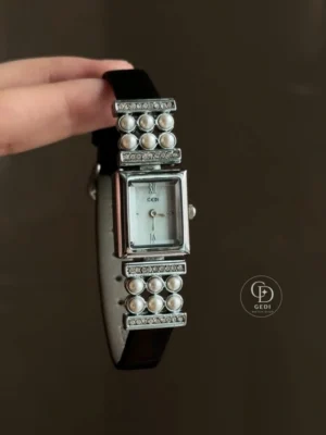 GEDI Silver-Tone Rectangular Pearl-Accent Women's Black Strap Watch
