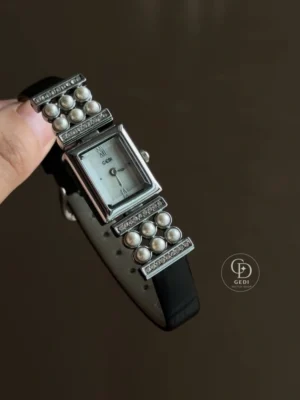 GEDI Silver-Tone Rectangular Pearl-Accent Women's Black Strap Watch